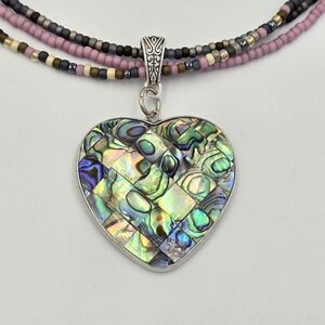 Silver and Pink Heart Pendant Necklace with Mosaic Design